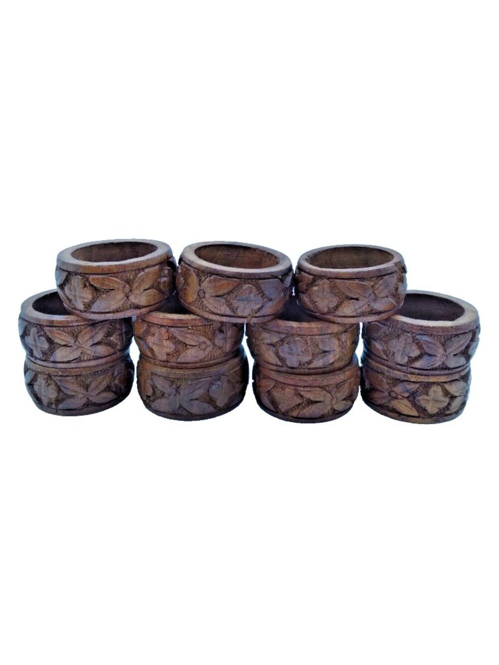 Vintage set of 11 Napkin Rings Holders Wood Hand Carved India Retro Boho  READ